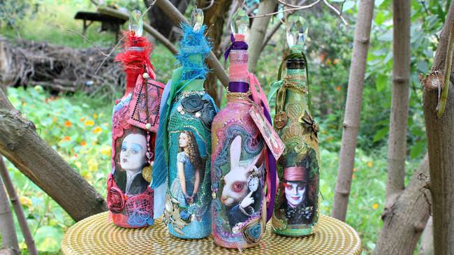 Alice Through the Looking Glass Mixed Media Bottles